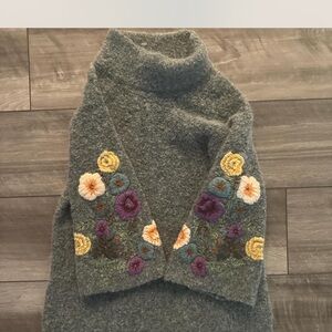 Anthropologie Gray Sweater with Floral Embroidery